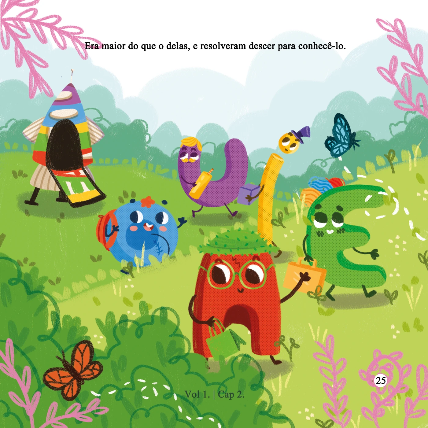 Página ilustrada do livro: as vogais como personagens coloridos em uma paisagem com árvores e borboletas.